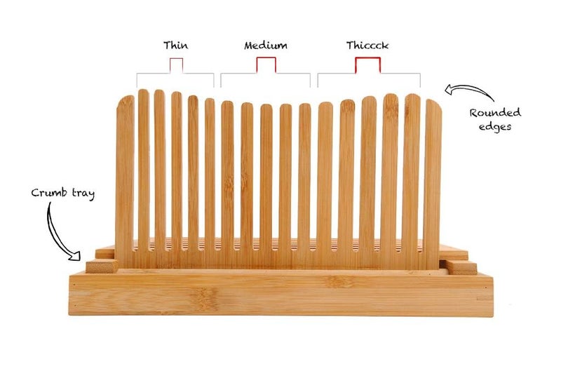 Kitchen Seven Bamboo Bread Slicer with Crumb Tray Bamboo Bread Cutter for Homemade Bread, Loaf Cakes, Bagels Slicer, 3 Slice Sizes, Adjustable, Compact, Foldable - Image 2